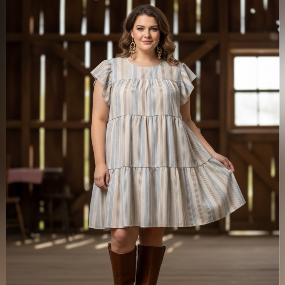 Perch by Blu Pepper NWT Striped Ruffle Sleeve Midi Dress Sizes 1X-3X - Picture 1 of 3